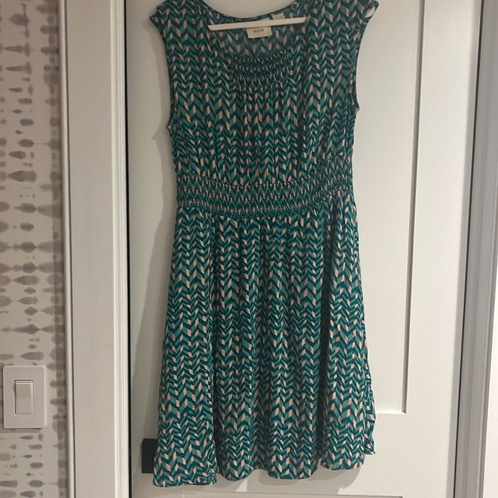 Anthropologie Maeve Evaline Green Smocking Dress Aline Chevron Size medium